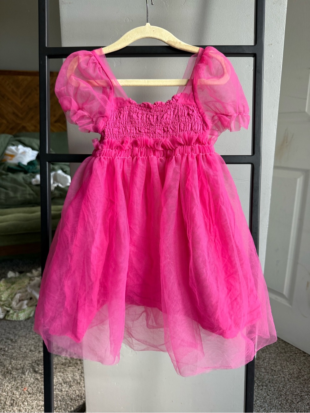 All Small Co Hot Pink Tulle Puff Sleeve Princess Dress